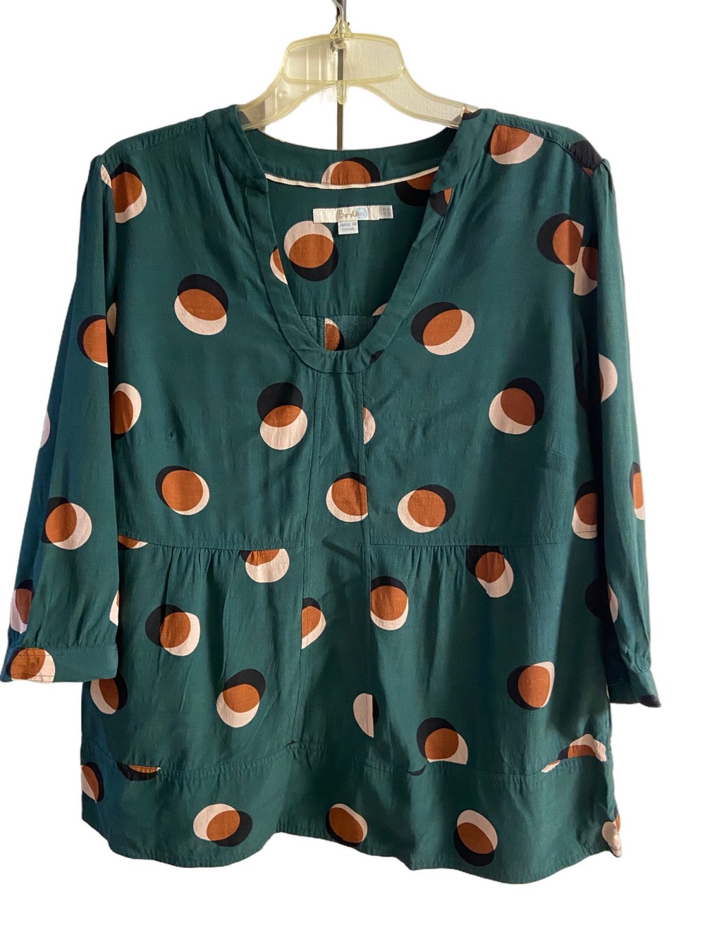 Boden Green Polka Dot Split V-Neck 3/4 Sleeve Babydoll Blouse Top Sz 14